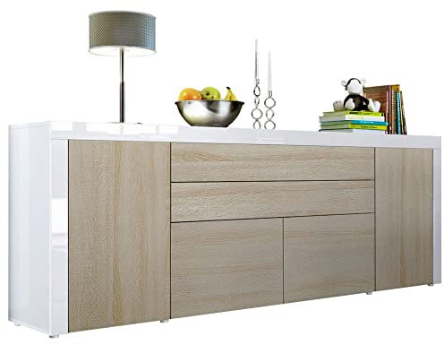 Vladon Buffet La Paz V2, Commode avec 2 Portes, 2 tiroirs, et 2 clapets, Blanc Haute Brillance/chêne Brut/Blanc Haute Brillance (200 x 72 x 35 cm)