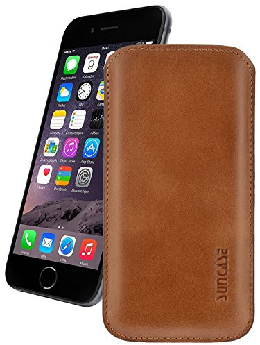 Suncase Original Leder Etui für iPhone 8 / iPhone 7 / iPhone 6s / iPhone 6 (4.7 Zoll) Ultra Slim Tasche Handytasche Ledertasche Schutzhülle Case Hülle (mit Rückzuglasche) Cognac