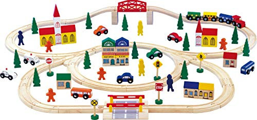 small foot 1001, groß, aus Holz, mit Zubehör wie Schienen, Brücke und Schranke, 100-teilig, ab 3 Jahren Holzeisenbahn mit 100 Teilen