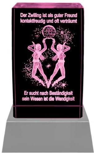 Kaltner Präsente Stimmungslicht - EIN ganz besonderes Geschenk: LED Kerze/Kristall Glasblock / 3D-Laser-Gravur Horoskop Sternzeichen Zwilling Astrologie