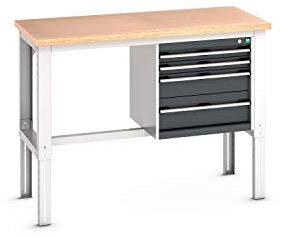 cubio Werkbank mit Hängeschrank, 4 Schubladen, Rotbuche, höhenverstellbar