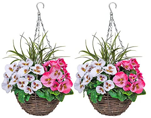 2x Artificial Hanging Baskets | Round Rattan with Pink and White Pansies | Decorative Grasses | 25cm | Indoor & Outdoor Use