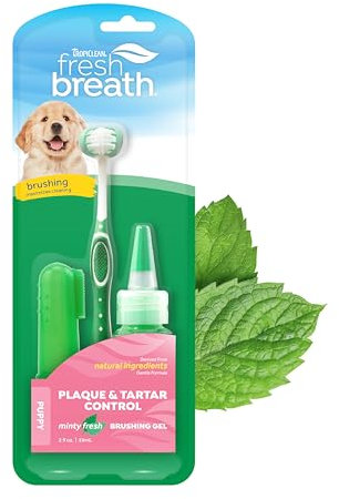 TropiClean Fresh Breath Toothbrush and Toothpaste Kit for Puppies, Teeth Cleaning Kit to Prevent Plaque & Tartar, Breath Freshener, Dog Dental Care