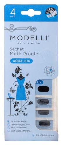 Modelli Sachet Moth Proofer, Pack of 4 Sachets - Ideal for Protecting Clothes, Fabrics & Woolens - Aqua Lux - Visual End of Life Indicator