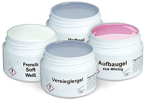 GS-Nails UV Gel-Set Babyboomer- 4x 15ml Nagel-Gel für Nail-Art & Nagel-Design - Haft-Gel, mittelviskoses Aufbau-Gel Pink milchig, Versiegelungs-Gel, French soft-Weiß - 60ml