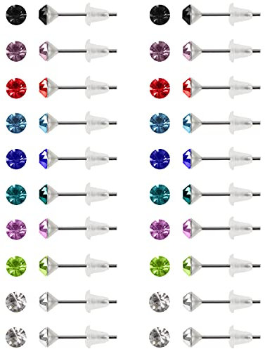 Kurtzy 20 Paare Runde Kubische Zirkonia Ohrstecker Set Kleine Ohrringe Damen mit Aufbewahrungsbox - 4mm - 9 Verschiedene Steine, Edelstahl Ohrstecker mit Gummi - CZ Ohrringe Edelstahl Damen Stecker
