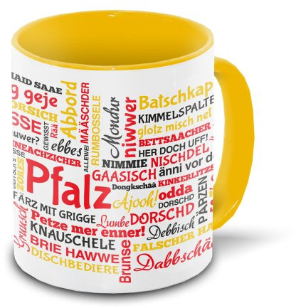 Pfalz-Tasse Tagcloud - weiß/gelb - Tasse mit typischen Wörtern im pfälzischen Dialekt | Keramik-Tasse mit 330 ml Inhalt