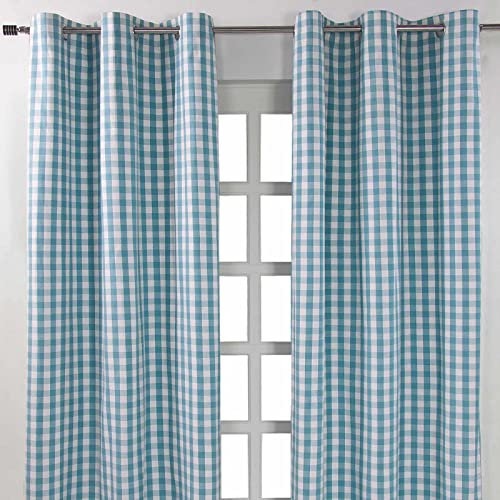 HOMESCAPES – Paire de Rideaux à œillets 100% Coton – Grand Carreaux Vichy Bleu – Prêt à Poser 137 x 182 cm