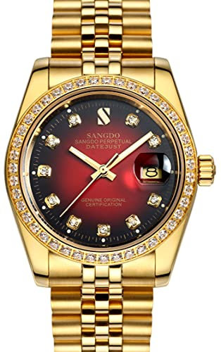 TEINTOP Sangdo Herren Uhren Automatische Armbanduhr Mechanisch Gold mit Edelstahlband(Vollgoldenes rotes Zifferblatt)