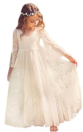 Babyonlinedress El駡nt Robe de Fille Enfant de Mariage/d'Honneur/Soir饠Princesse Noble Col V Longue en Dentelle - Ivoire - 6-7 Ans