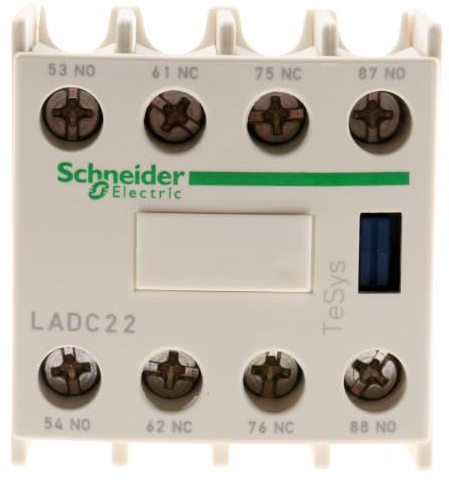 Schneider Electric, Auxiliary contact block, TeSys D, 2NO + 2NC (inc. 1NO + 1NC make before break), front mounting, screw clamp terminals, LADC22