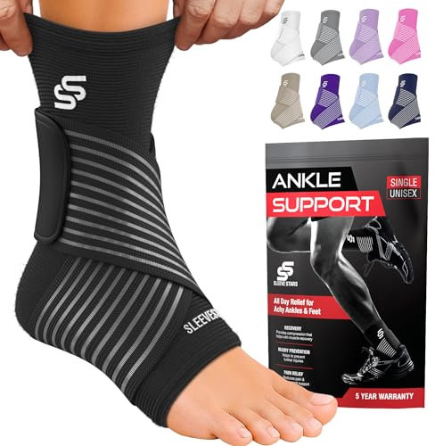 Sleeve Stars Ankle Brace – Adjustable Compression Support with Strap for Sports, Running, Training & Daily Wear – Ankle Sleeve Wrap for Men and Women (Single/Black)