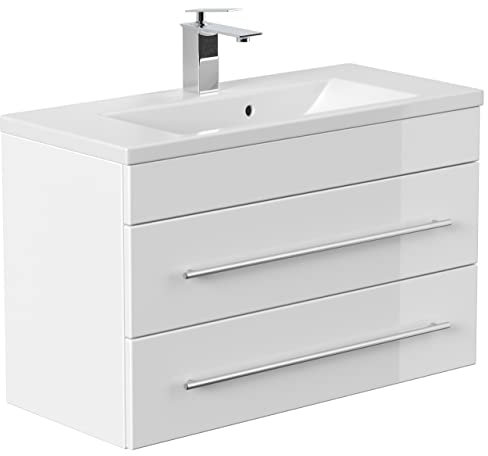 emotion | Waschbecken mit Unterschrank in Weiß Hochglanz | Made in Germany | B80 x H51 x T36 cm | Waschtischunterschrank mit Zwei Schubladen | Keramik-Badmöbel für designvolle Badezimmer
