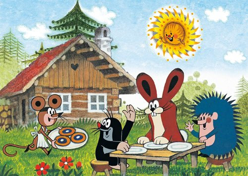 modern times Postkarte DER KLEINE MAULWURF - Motiv: MW MIT HASE UND IGEL, MAUS ALS KELLNER, Anlass: Kindermotive, Künstler/Verlag: KARTENKOMBINAT © MILER, Zdenek, Größe: A6