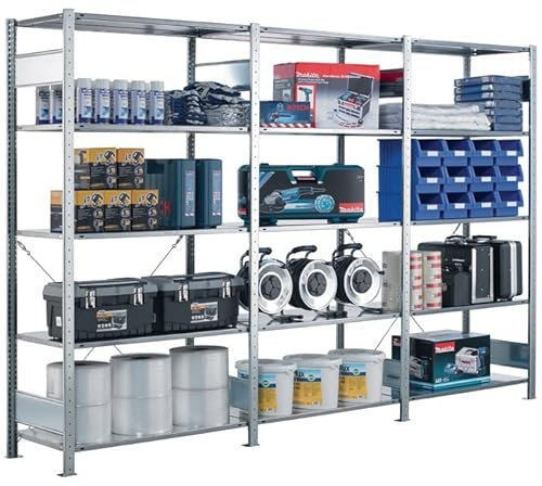 EUROKRAFT Steckregal, einreihig - Fachboden-BxT 1300 x 400 mm verzinkt, Höhe 2500 mm, Anbauregal - Fachbodenregal Regal Schwerlastregal Stahlregal Steckregal