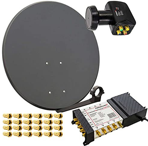 Premium X Satelliten-Komplettanlage 80cm Satellitenschüssel Anthrazit Multischalter 5/8 Quattro LNB 24 F-Stecker, 1 SAT für 8 Teilnehmer