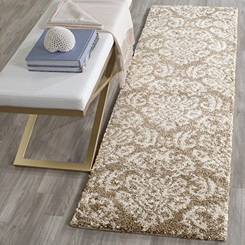 SAFAVIEH Florida Shag Collection Runner Rug - 2'3 x 7', Beige & Cream, Damask Design, Non-Shedding & Easy Care, 1.2-inch Thick Ideal for High Traffic Areas in Living Room, Bedroom (SG460-1311)