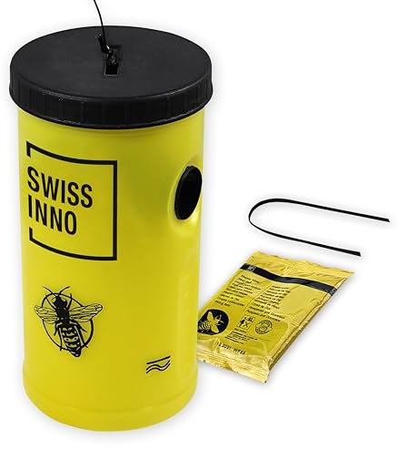 SWISSINNO Wespenfalle - inkl. Lebensmittel-Köder - Giftfrei, Wiederwendbar, Umweltfreundlich. Sicher für Kinder + Haustieren. Made in EU. Mit aktiver Bienenschutz. 1x Falle
