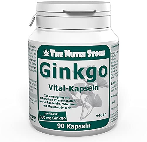 Ginkgo biloba 350 mg vegane Kapseln 90 Stk. - 700 mg Blattpulver je Tagesdosis - mit Vitamin C, E, B1, B12 und Phosphatidylserin - 1 Monatsvorrat - The Nutri Store - Made in Germany