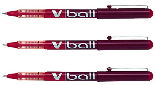 Pilot V Ball VB5 Rollerball Pens with Liquid Ink Metal Tip Fine Red Pack of 3aa