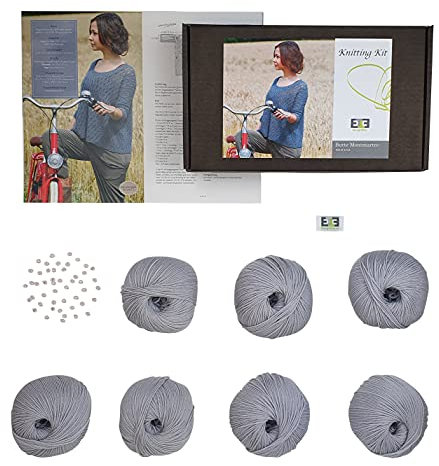 DesignEtte Strickset DIY Sommerpulli Butte Montmartre Strickset mit 10 Knäulen reiner Merino Wolle, incl. Perlen + Anleitung für 7 Dänische Strick und 2 Häkel Designs. Größe L/XL Grau.