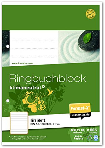 Ursus Green 044370 10 Ringbuchblock A5 100 Blatt 70g/qm 9mm liniert