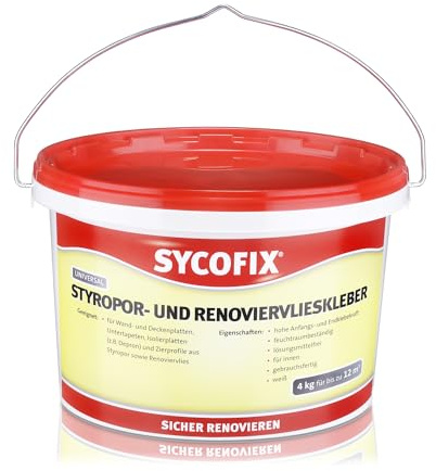 SYCOFIX Universal Styropor- und Renoviervlieskleber 4 kg, gebrauchsfertiger Styroporkleber mit hoher Klebkraft, für Styroporplatten, Styroporleisten und Isolierplatten, weiß, überstreichbar