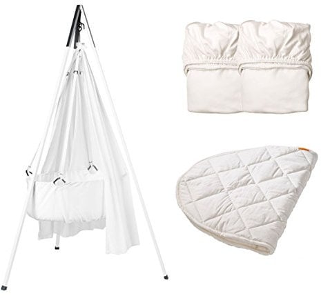 Leander Wiegen-SET - ALL INCLUSIVE: Wiege weiß mit Stativ weiß, Schleier weiß, 2 Spannbetttücher weiß, 1 Matratzenauflage