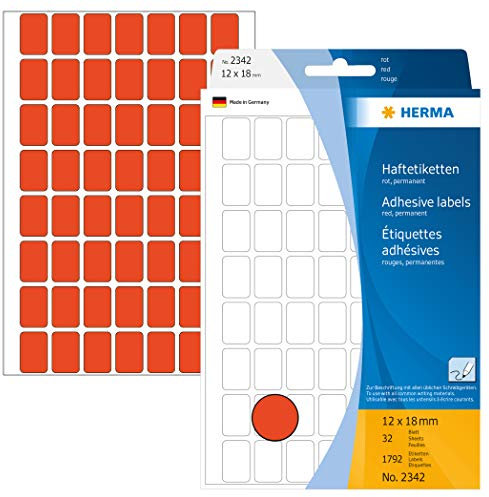 HERMA 2342 Vielzweck-Etiketten, 1792 Stück, 12 x 18 mm, 56 pro Bogen, selbstklebend, Haushaltsetiketten zum Beschriften, matt, blanko Papier Klebeetiketten Aufkleber, rot