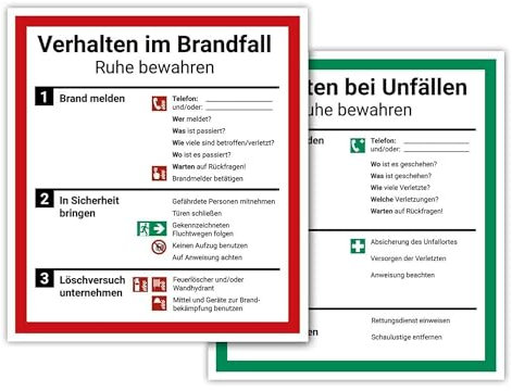 Schild Aushang Verhalten im Brandfall und Verhalten bei Unfällen als Set, 18x20cm, ISO 7010, Notfallplan