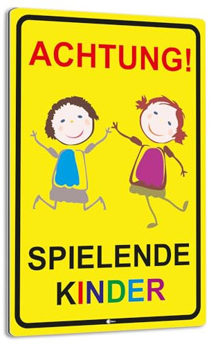 Warnschild I Achtung Spielende-Kinder I Aluverbund-Schild I 20 x 30 cm groß I 3 mm Stark I mit UV Schutz-Laminat I Wetterfestes Hinweisschild I hin065