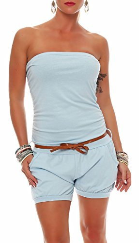malito - Damen Jumpsuit - Einteiler mit Gürtel & Taschen - Bandeau Sommer Overall - kurzer trägerloser Playsuit - unifarbener Romper 8964 (Hellblau)