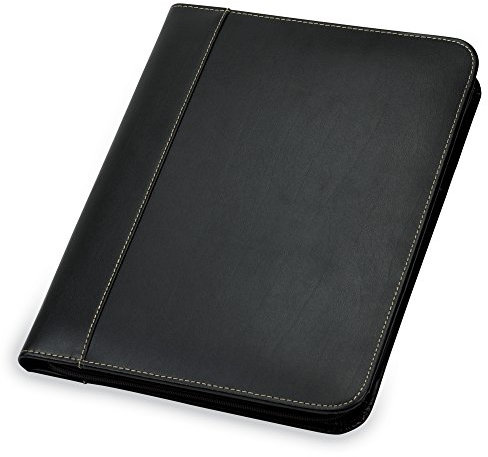 Samsill Contrast Stitch Leather Zippered Portfolio Folder/Business Portfolio for Men and Women, Resume/Document Organizer with Writing Pad, Black (71720)