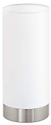 EGLO Tischlampe Pasteri, 1 flammige Textil Tischleuchte, Nachttischlampe aus Stahl und Stoff, Farbe: Nickel matt, weiß, Fassung: E27, inkl. Touch, H: 22,5 cm