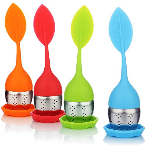 COM-FOUR® 4x Infuser à thé en acier inoxydable et silicone - passoire à thé avec couvercle et soucoupe - boule à thé (004 pièces - feuille 1 vert orange bleu rouge)