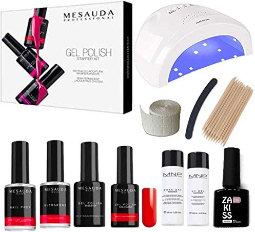 MESAUDA STARTER KIT GEL POLISH 14 ML SMALTO SEMIPERMANENTE UNGHIE + FORNETTO LED 48W + base top Ultrabond primer nail prep OMAGGIO SMALTO 10 ml Zakiss + accessori