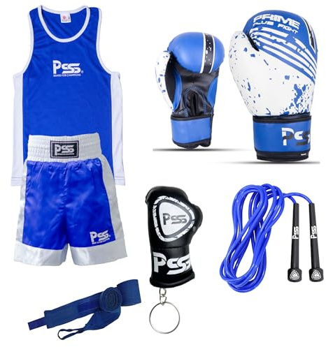 Prime Boxanzug-Set für Kinder (1004), 5-teilig mit Boxanzug, Boxhandschuhe + Boxsack, 170 g, blau, Blue-1004-6oz, 11-12 Jahre