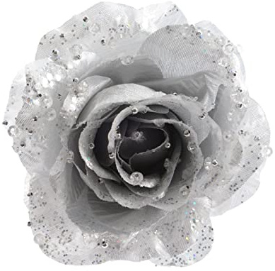 Kunstblumen Rose auf Clip 14cm x 1 Stück künstliche Blumen Hochzeit Christbaumschmuck silber