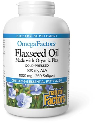 Omega Factors by Natural Factors, Flaxseed Oil, Supports Overall Health with Omega-3, 6 and 9 Fatty Acids, 360 softgels (360 servings)