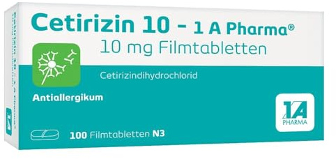 Cetirizin 10-1 A Pharma® | 100 Filmtabletten | Bei allergischem Schnupfen | Wirkt stark vor allem bei Juckreiz der Haut, wirkt in 30-60 min, für Erwachsene, Jugendliche & Kinder ab 6 Jahren