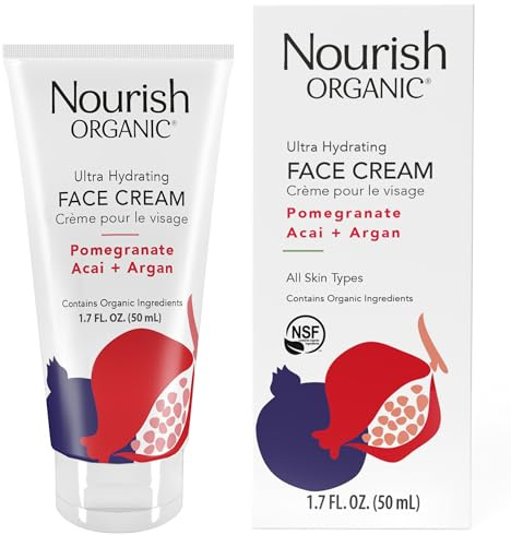 Nourish Organic Face Cream, Pomegranate Acai + Argan – Ultra Hydrating Formula with Aloe Vera & Green Tea Extract, 1.7 Oz + Washable Cotton Round