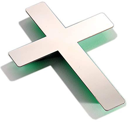 Schönbeck Design Produktbild Kreuz, Wandkreuz Edelstahl poliert - mit orangem, gelbem und grünem Hintergrund erhältlich - puristisch, geradlinig, aussergewöhnlich - Made in Germany