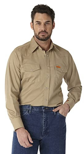 Wrangler Men's Flame Resistant Western Two Pocket Snap Work Utility Button Down Shirt, Denim, REGS UK