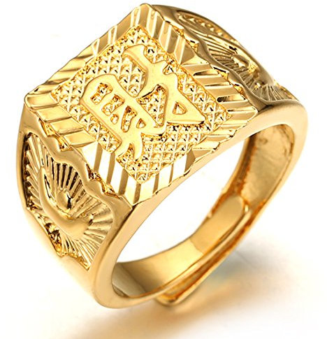 Halukakah ● Gold Segne Alle ● Männlich 18K Gold überzogen Kanji Ring REICHTUM Set Größe verstellbar mit KOSTENLOSER Geschenkpackung