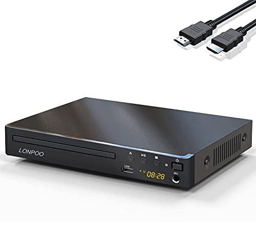 LONPOO Kompakter DVD-Player für TV - HD DVD CD Player Codefree mit HDMI (1080p HD Upscaling)/AV/Koaxial Ausgang, USB-Eingang & MIC-Ausgang (mit HDMI-Kabel 1,5 m)