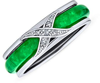 Bling Jewelry Pavé CZ Akzent Criss Cross Kubikzirkonia X Kuss Gefärbter Grüner Jade Bandring für Frauen für Freundin .925 Sterlingsilber