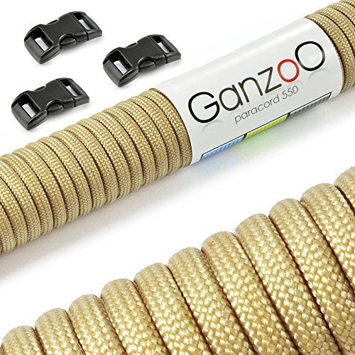 Ganzoo Set Paracord 550 Seil mit 3 x Klickverschluss 3/8“ 10mm Gurt/Schnur 4mm, Nylon - Polyester, Typ 3, 30 Meter, Outdoor-Schnur, Allzweckseil, Armband knüpfen, basteln, beige