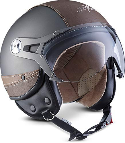 Soxon® SP-325 Urban „Titan“ · Jet-Helm · Motorrad-Helm Roller-Helm Scooter-Helm Moped Mofa-Helm Chopper Retro Vespa Vintage Pilot · ECE 22.05 Visier Leather-Design Schnellverschluss Tasche S (55-56cm)