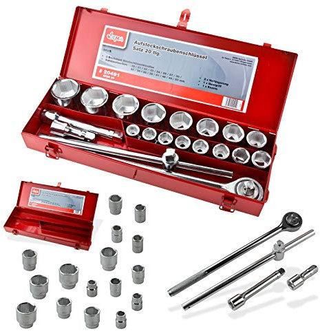 DEMA Steckschlüsselsatz Ratsche 3/4 Zoll, 20 tlg., Profi Knarrenkasten, robustes Stahl-Set, sicher arretierbar, abschließbarer Metallkoffer – ideal für Werkstatt, KFZ-Reparatur, Maschinenwartung