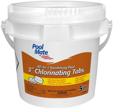 Pool Mate 5-Pounds All-In-1 Swimming Pool 3 Inch Chlorinating Tabs, Chlorine Tablets 3 Inch, Sanitizer, Clarifier, Stain Inhibitor, Algae Control, Descaler, Sunlight Protector All In One, Made In USA